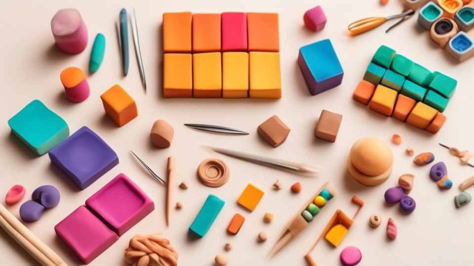 An intricately arranged flat lay of vibrant polymer clay blocks, precision sculpting tools, and a set of unique, finished clay creations, all bathed in soft, natural light.
