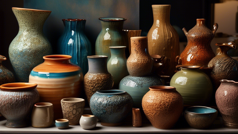 An intricate display of various glazed ceramic ware pieces, showcasing a range of colors and textures, under soft, warm lighting in an artisan's studio.