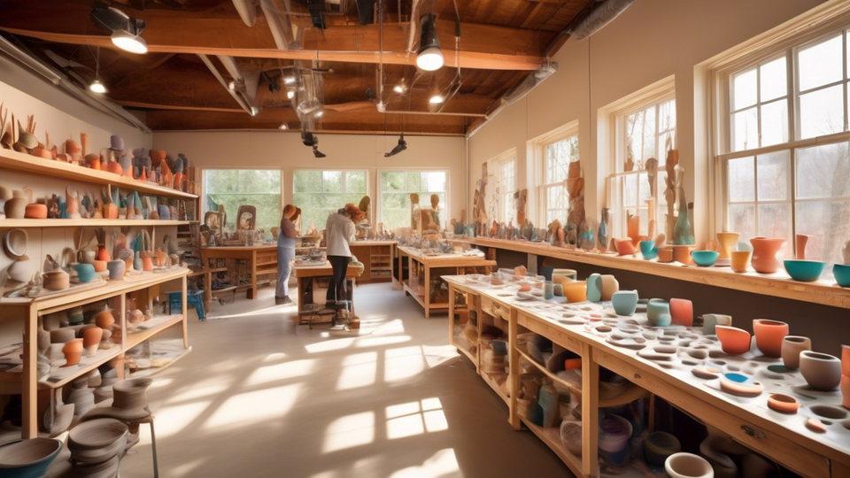 Capture a vibrant and bustling ceramic art studio interior, filled with artists at work shaping clay, colorful ceramics on shelves, a spinning pottery wheel, and sunlight pouring through large windows, highlighting the creative atmosphere.