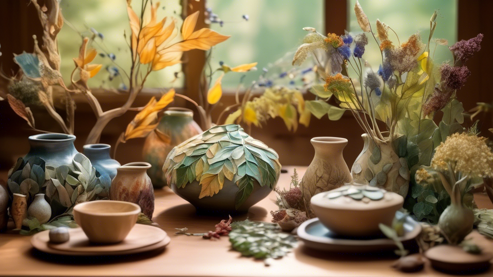 An ethereal forest scene with ceramics shaped as leaves, trees, and wildflowers, artfully arranged on a wooden table, with soft sunlight filtering through the foliage, highlighting the texture and colors of the pottery.