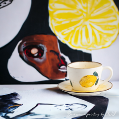 Retro hand-painted "Lemon" teacup with plate - 200mL - Crafty-Clayworks