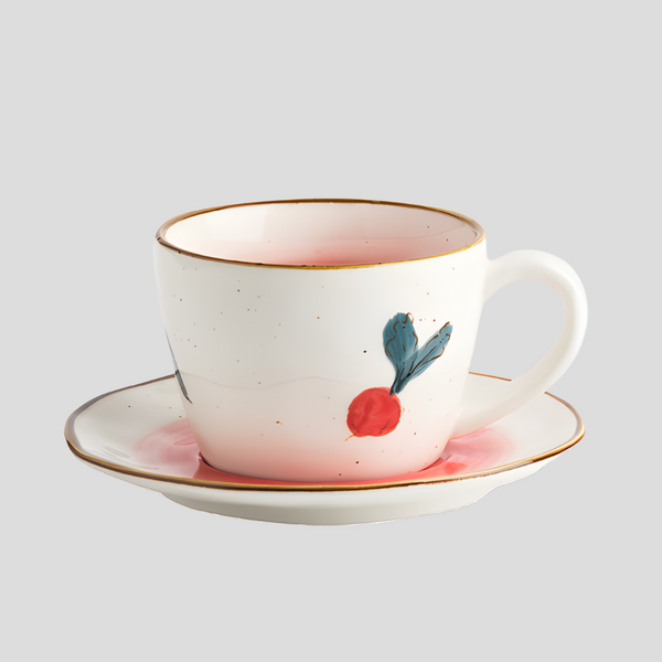 Retro hand-painted "Radish" teacup with plate - 200mL - Crafty-Clayworks