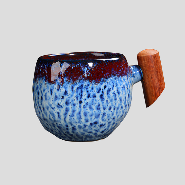 Handmade "Oceanic Crimson Sipper" mug with wooden handle - 230mL - Crafty-Clayworks