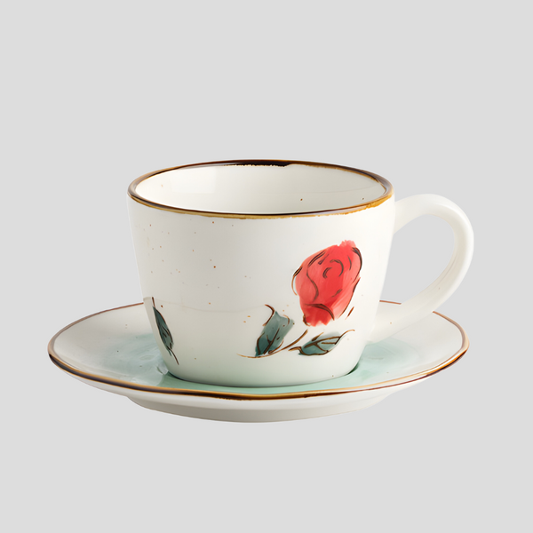 Retro hand-painted "Rose" teacup with plate - 200mL - Crafty-Clayworks
