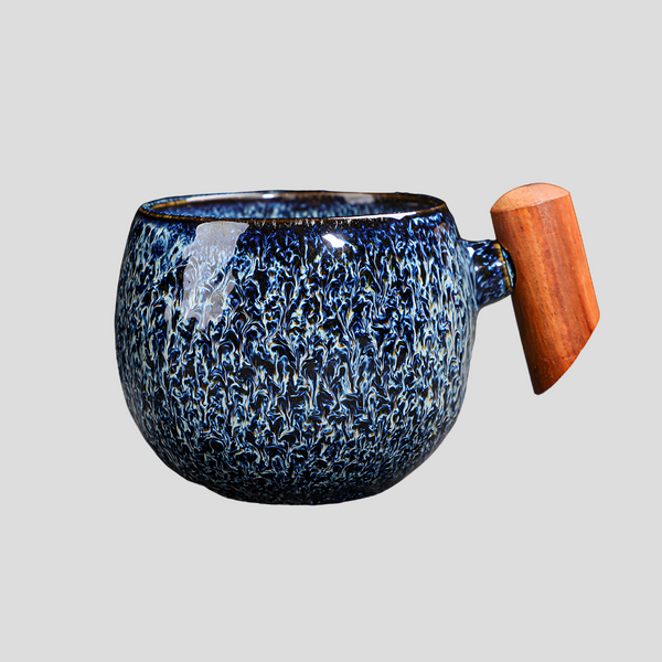 Handmade "Turquoise Inferno" mug with wooden handle - 230mL - Crafty-Clayworks