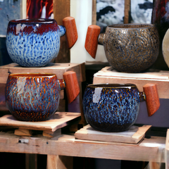 Handmade "Twilight Firestorm" mug with wooden handle - 230mL - Crafty-Clayworks