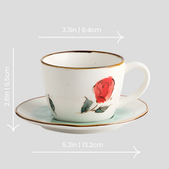Retro hand-painted "Rose" teacup with plate - 200mL - Crafty-Clayworks
