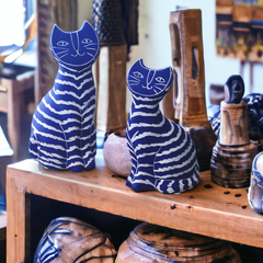 Handmade artistic "Artisto Cats" sculpture - dark blue zebra sitting - Crafty-Clayworks