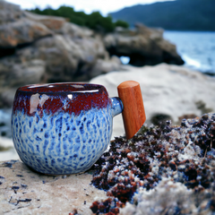 Handmade "Oceanic Crimson Sipper" mug with wooden handle - 230mL - Crafty-Clayworks