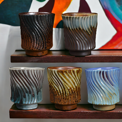 Handmade round brown and green "ZiggyZaggy" cup - 5oz