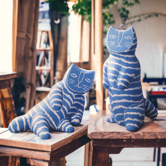 Handmade artistic "Artisto Cats" sculpture - light blue zebra lying - Crafty-Clayworks