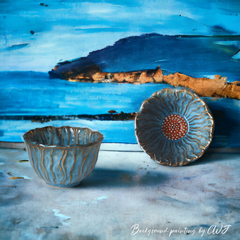 Small handmade artistic "Blue Chrysanthemum" bowl - Crafty-Clayworks