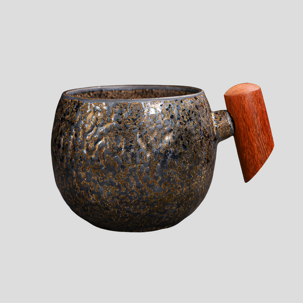 Handmade "Gilded Veins" mug with wooden handle - 230mL - Crafty-Clayworks