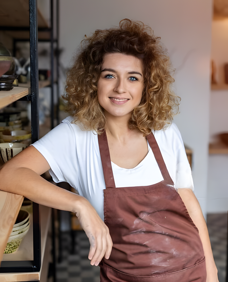 Young woman with curly hair and green eyes smiling to the camera