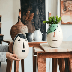 Handmade artistic face motif vase - black hair Crafty-Clayworks