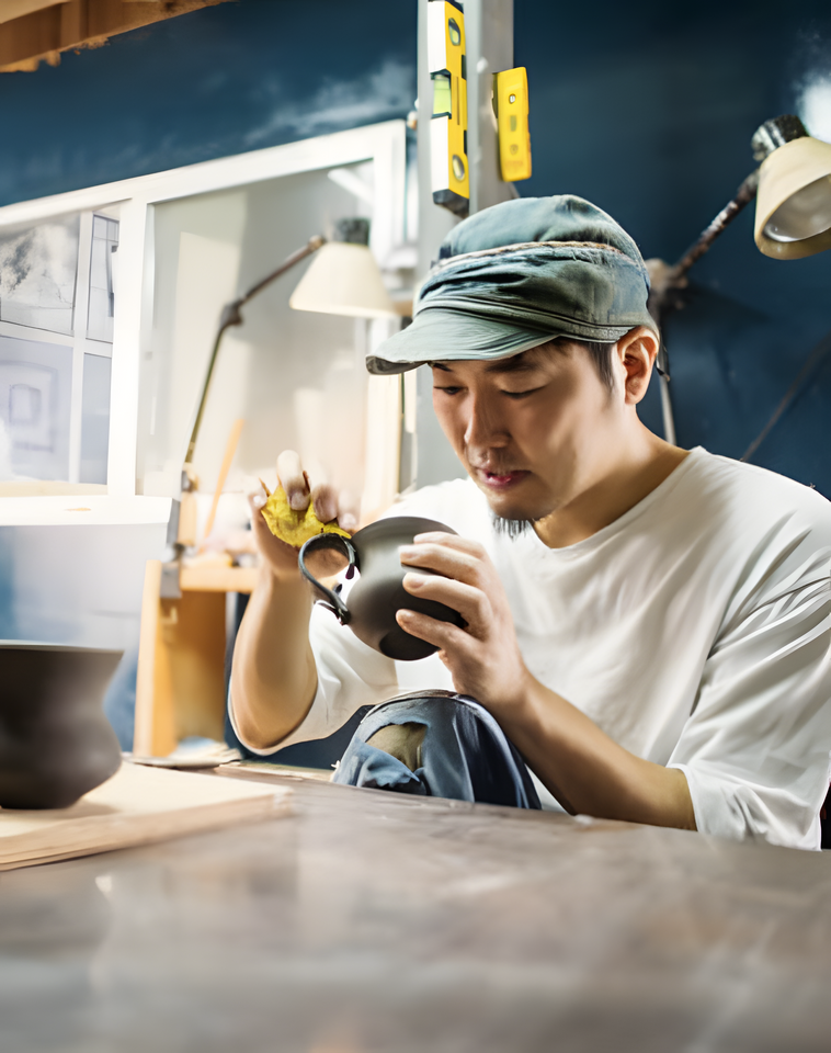 Young trendy Japanese man fiddling with a ceramic mug