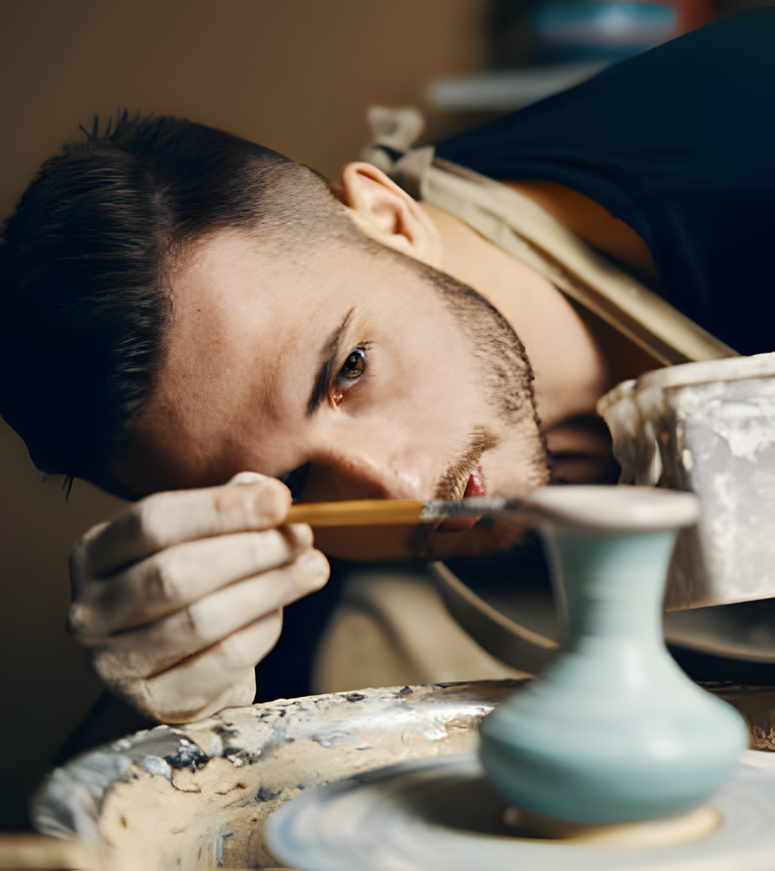 Closeup of young european man concentrating whilst painting a small vase blue