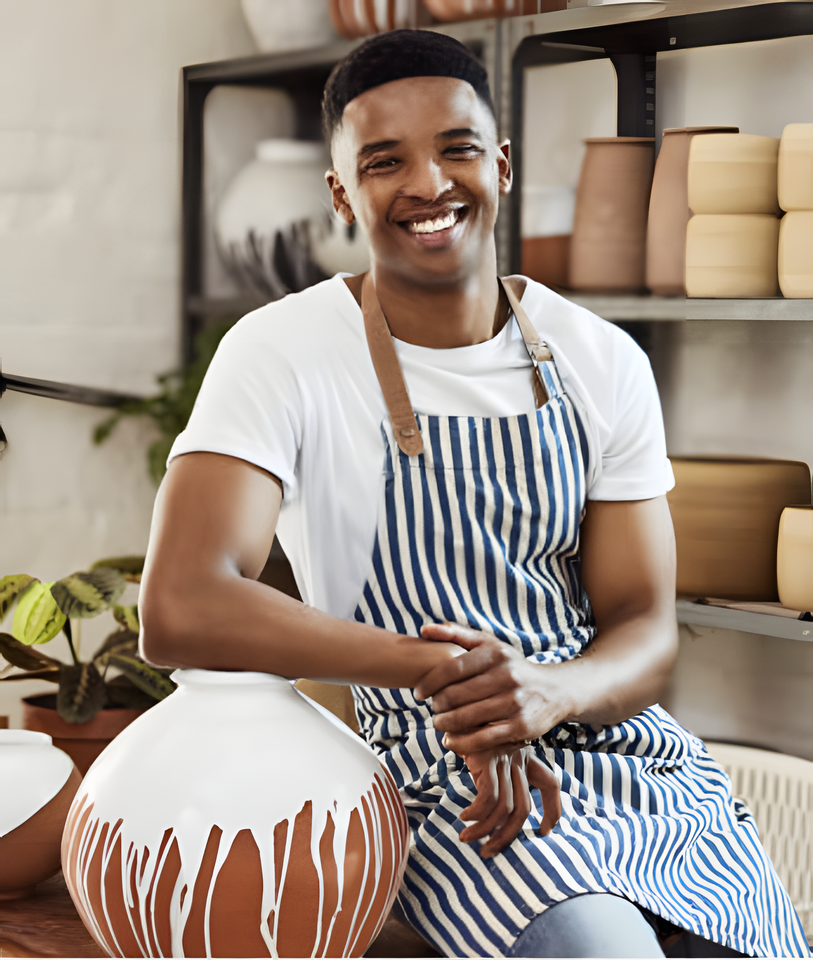 Young smiling man leaning up against a big glazed ceramic vase