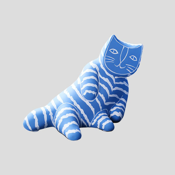 Handmade artistic "Artisto Cats" sculpture - light blue zebra lying - Crafty-Clayworks